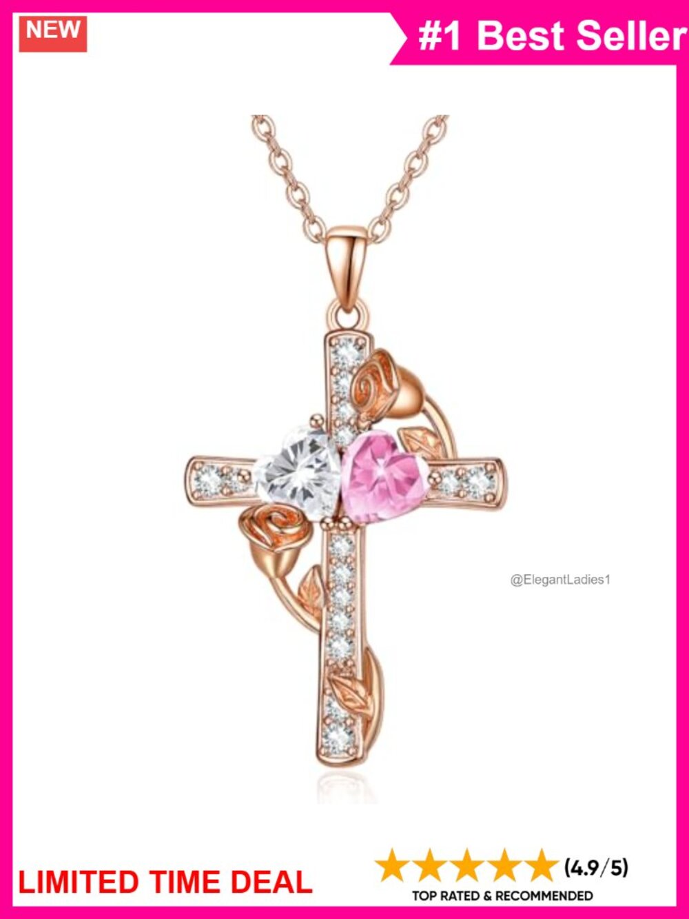 Rose Gold Plated Cross Necklace Two Heart Birthstone Pendant 18 Inch Women